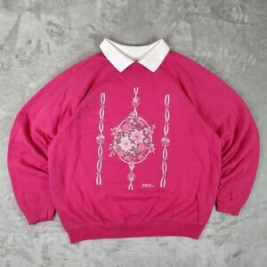 VTG Morning Sun pink roses floral grandma-core collared sweatshirt womens L